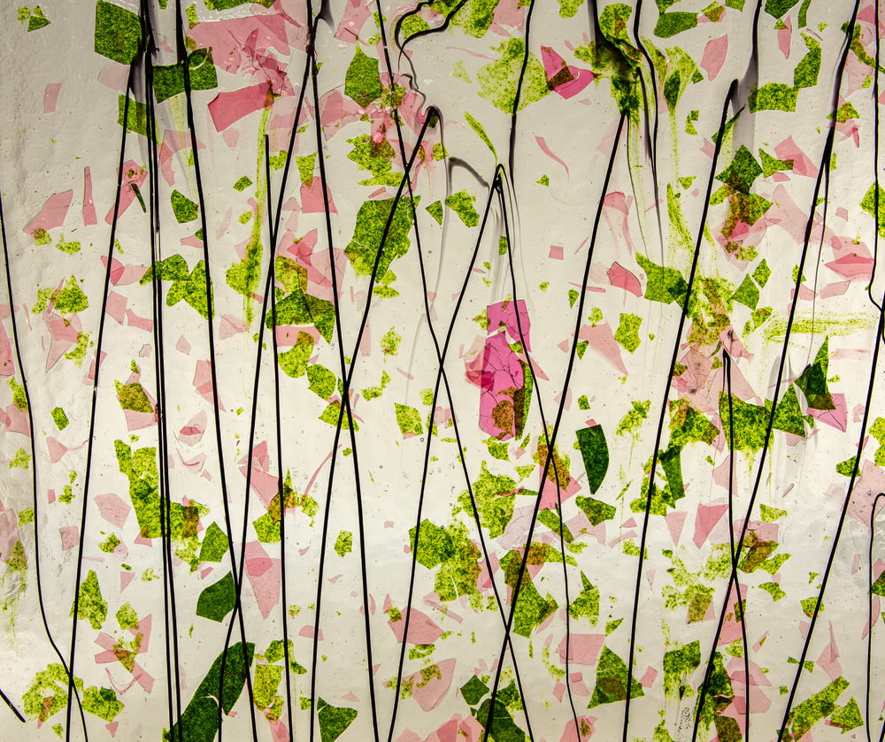 a painting of green and pink leaves on a white background
