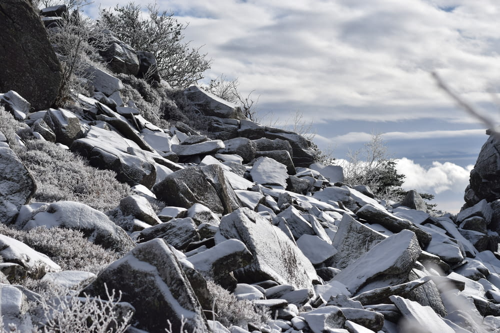 a rocky hillside covered in snow under a cloudy sky