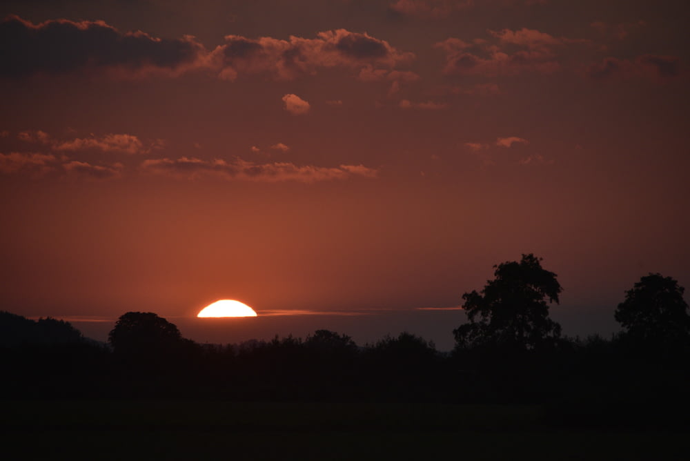 the sun is setting over a field with trees