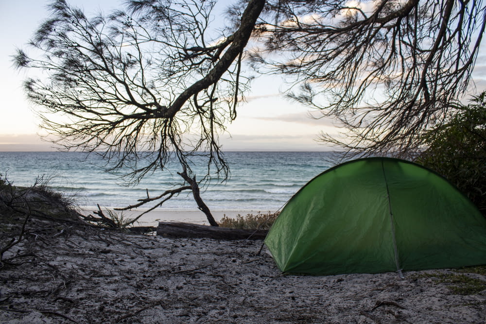 a green tent sitting on top of a sandy beach
