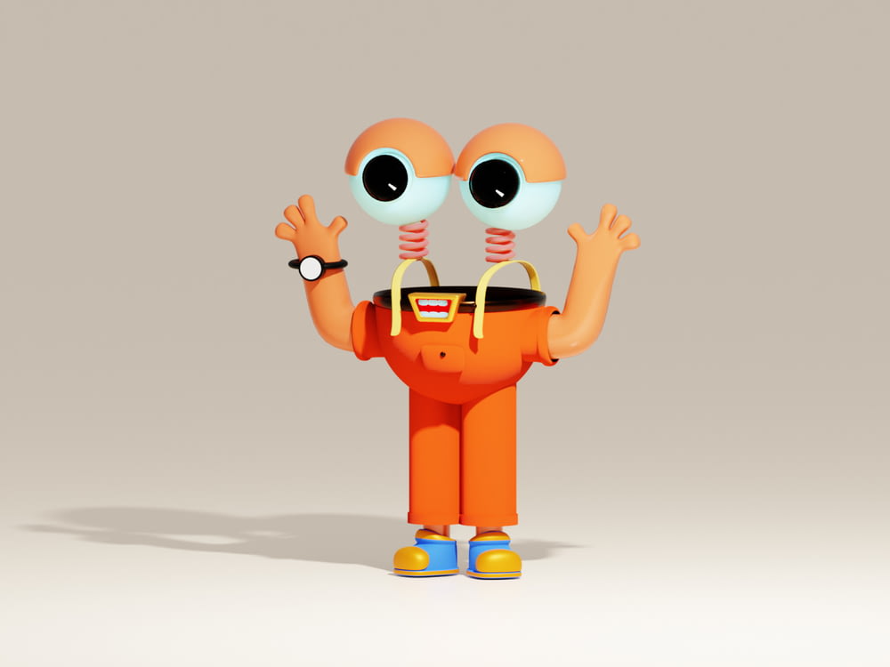 2つの目とバックパックを持つオレンジ色の漫画のキャラクター