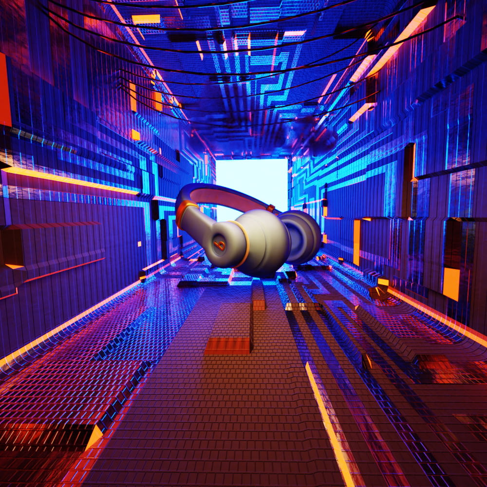 a futuristic hallway with a large object in the middle of it