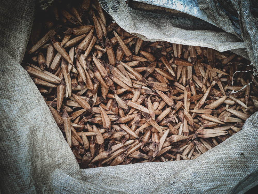 a bag filled with lots of wood shavings