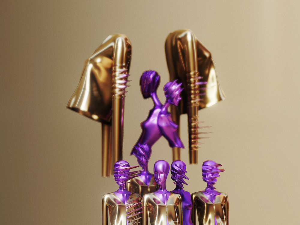 a group of purple and gold hairbrushes sitting on top of each other