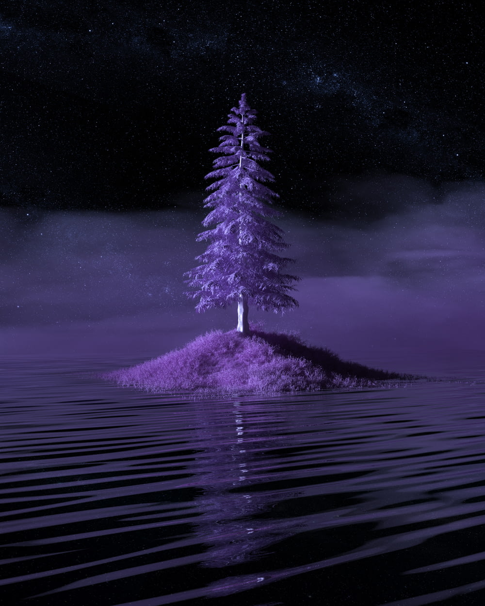 a purple tree sitting on top of a small island