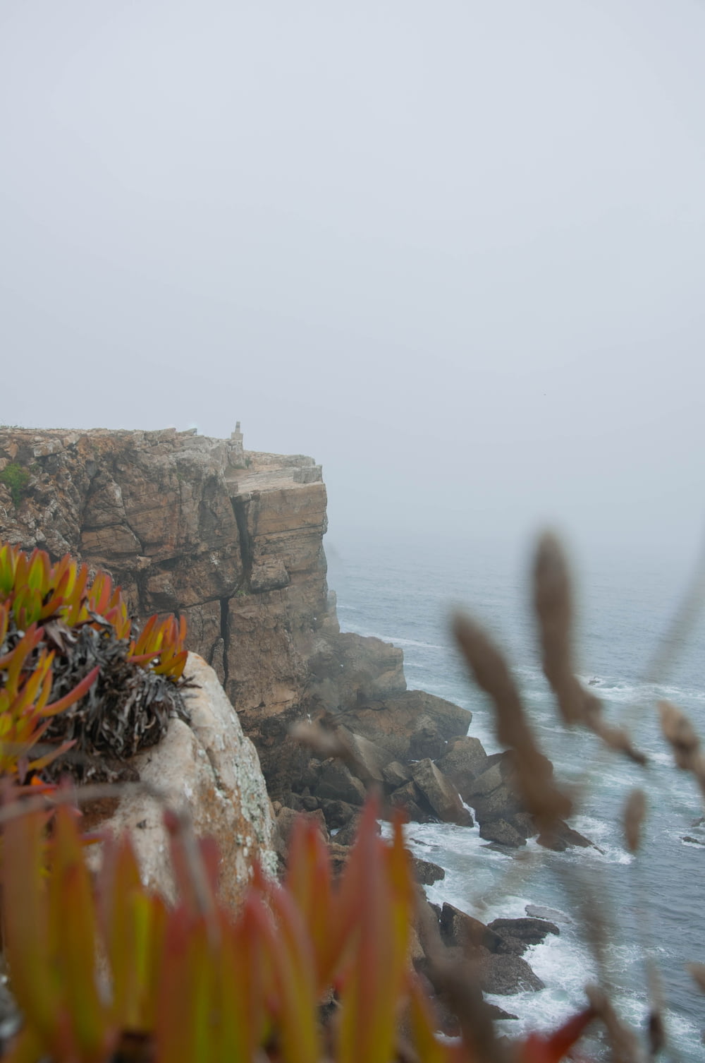 a foggy day at a rocky cliff overlooking the ocean