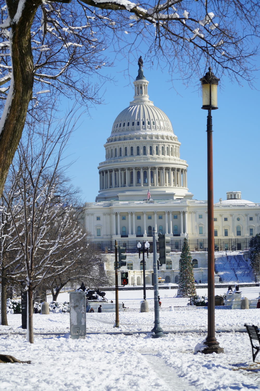 a view of the capitol building in the snow