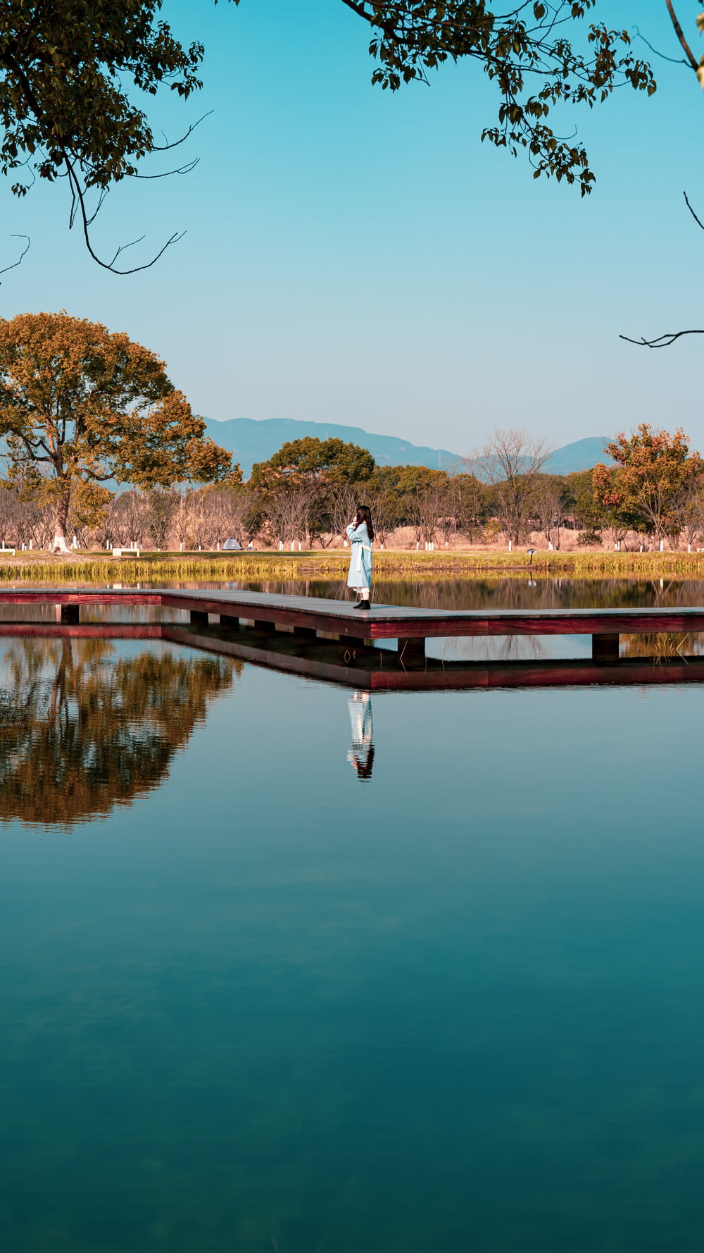 a person standing on a dock over a body of water