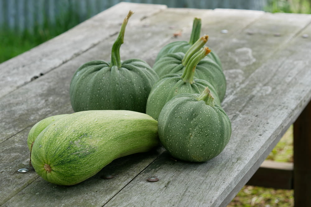 a group of green gourds sitting on top of a wooden table