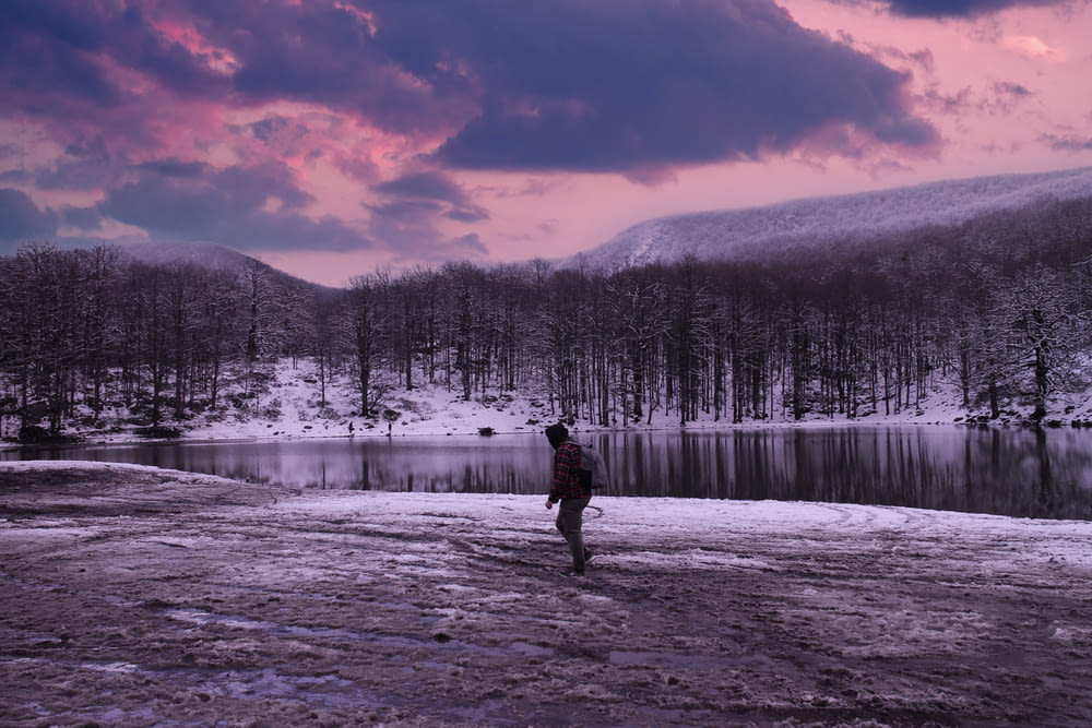 a person standing in the snow near a lake