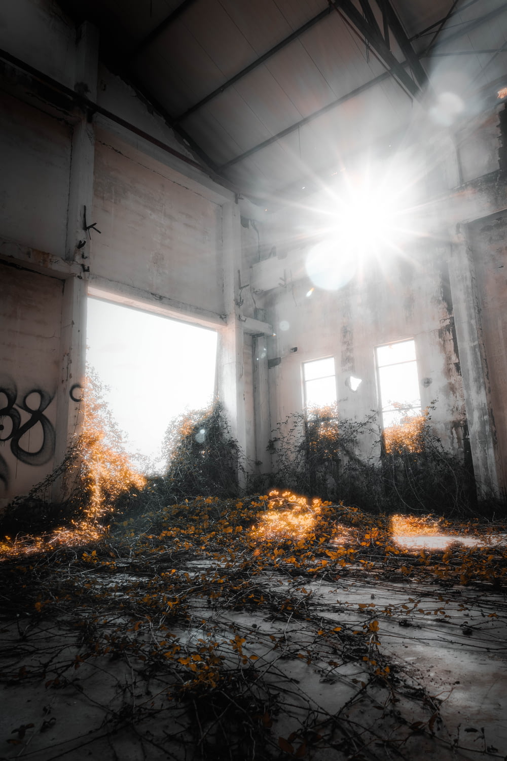 the sun shines through the windows of an abandoned building