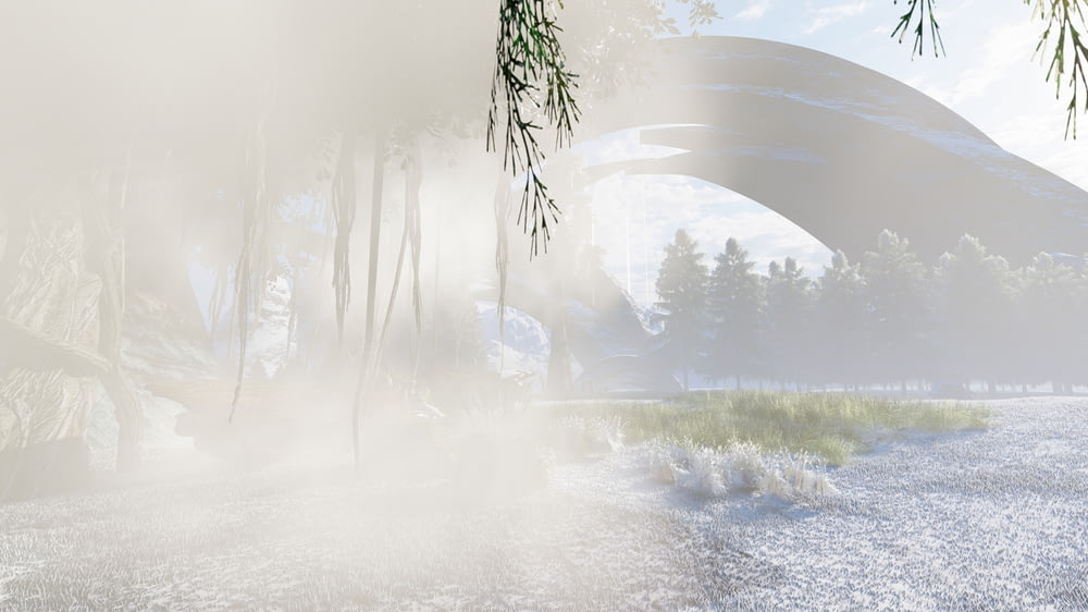 a digital painting of a landscape with trees and fog