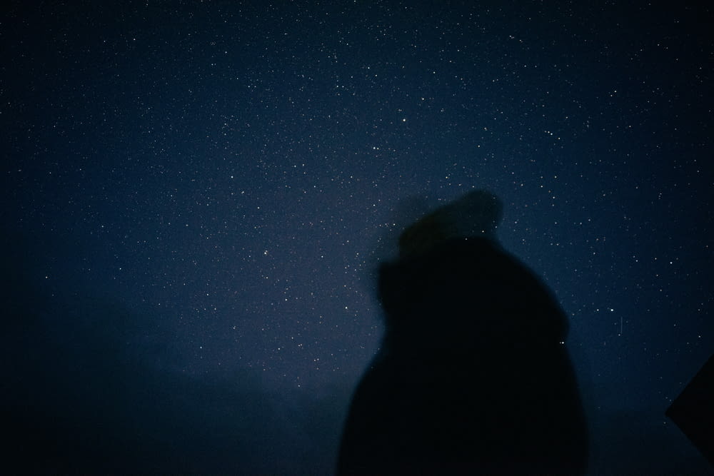 a person standing in the dark under a night sky