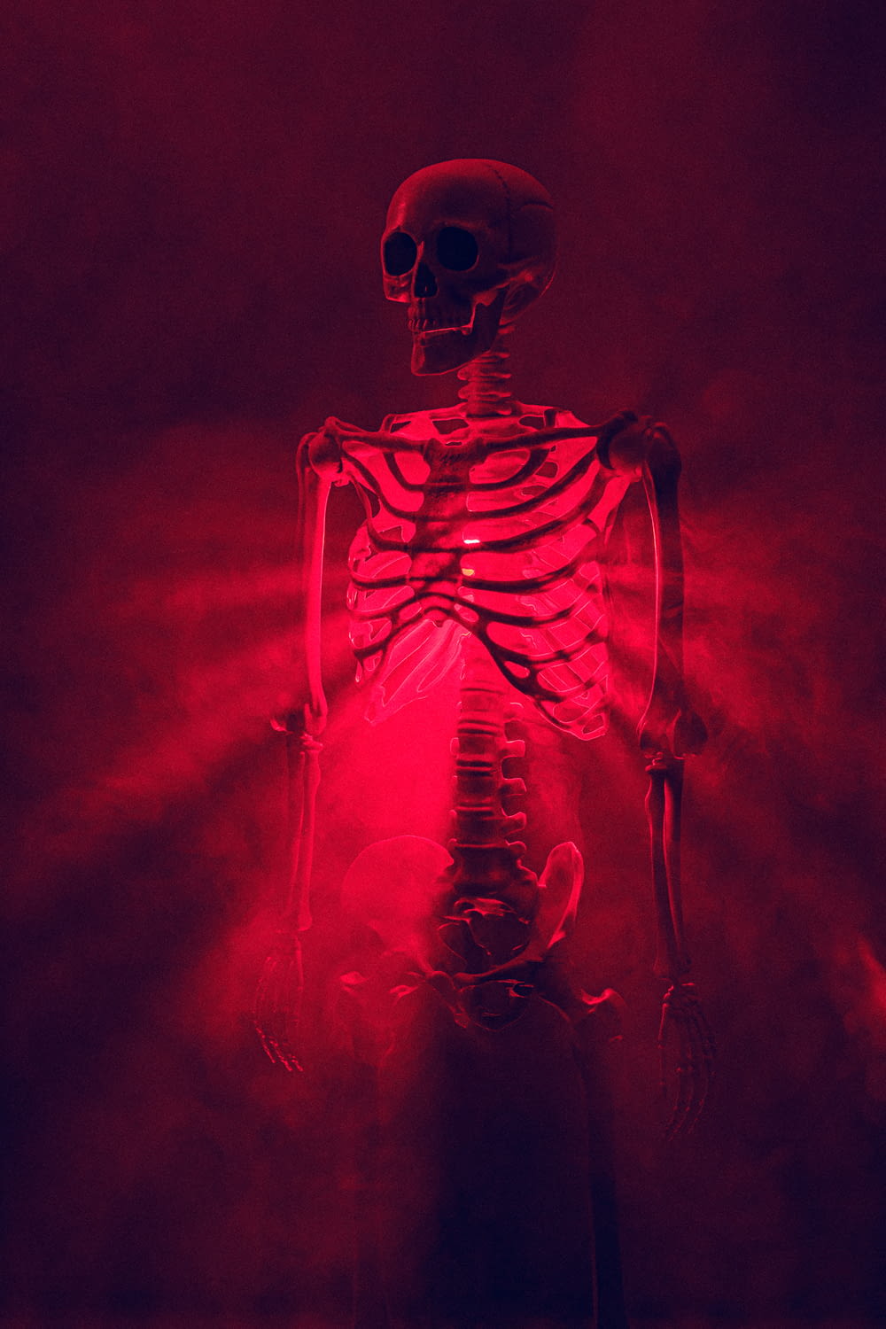 uno scheletro con una luce rossa che brilla su di esso