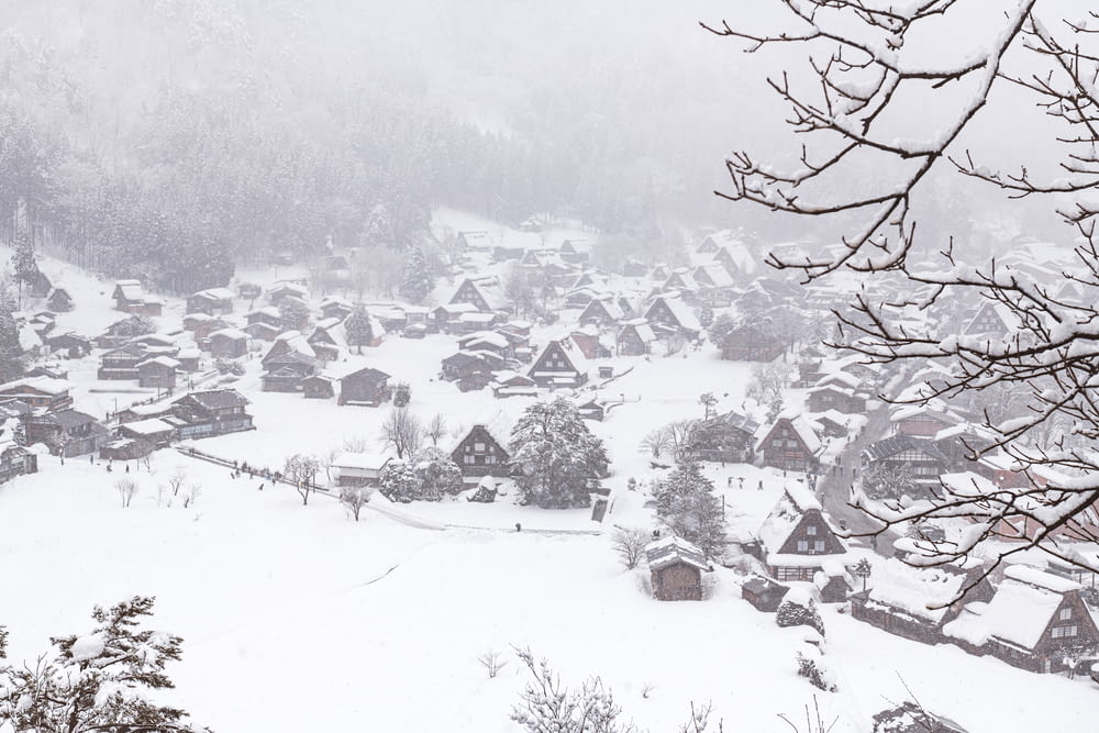 a snow covered village with a few trees in the foreground