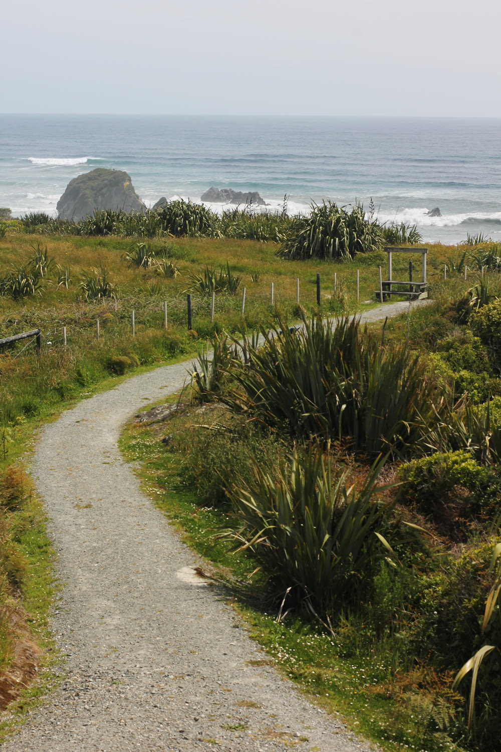 a path leading to a beach with a large rock in the background