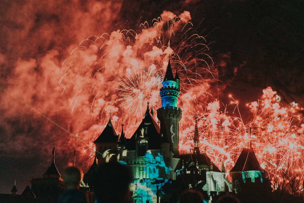 a castle with a lot of fireworks in the sky