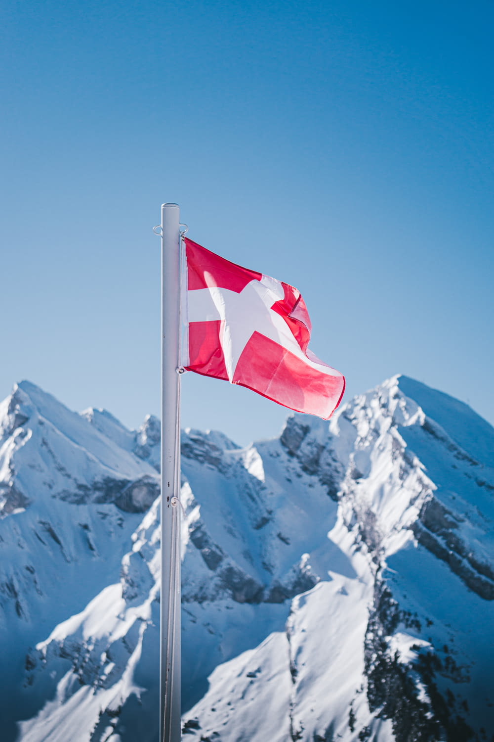 a red and white flag on a pole in front of a mountain