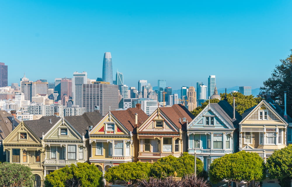 a row of houses in front of a city skyline