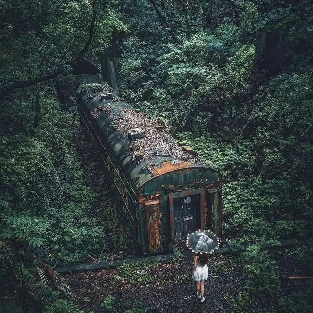 una persona con un ombrello in piedi davanti a un treno