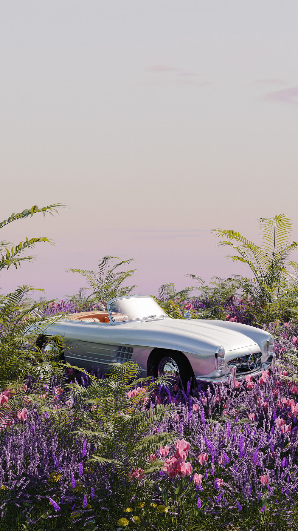 a car is parked in a field of flowers