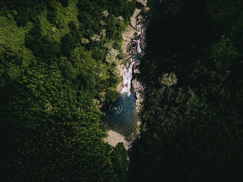 an aerial view of a waterfall surrounded by trees