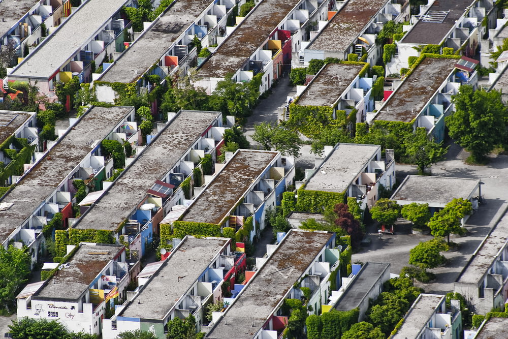 an aerial view of a group of houses