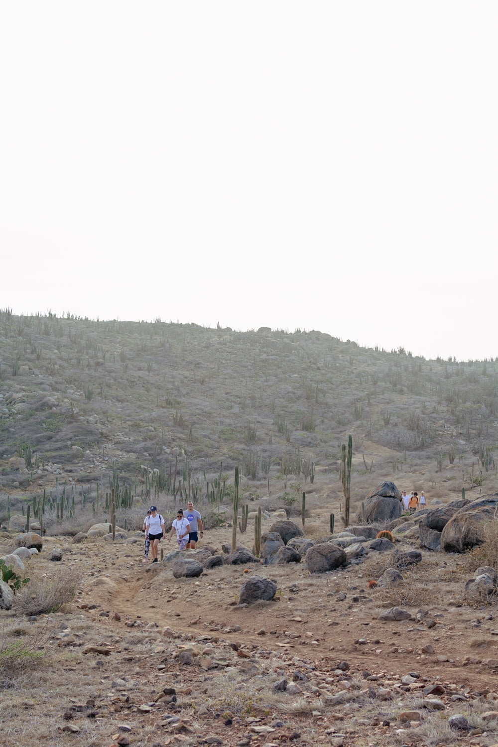 a group of people standing on top of a dry grass covered hillside
