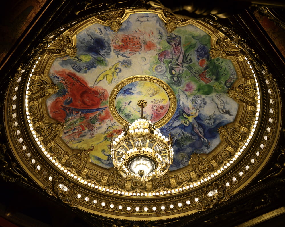 the ceiling of a building with a fancy painting on it