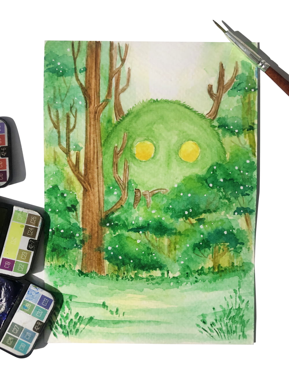 a watercolor painting of a green monster in a forest