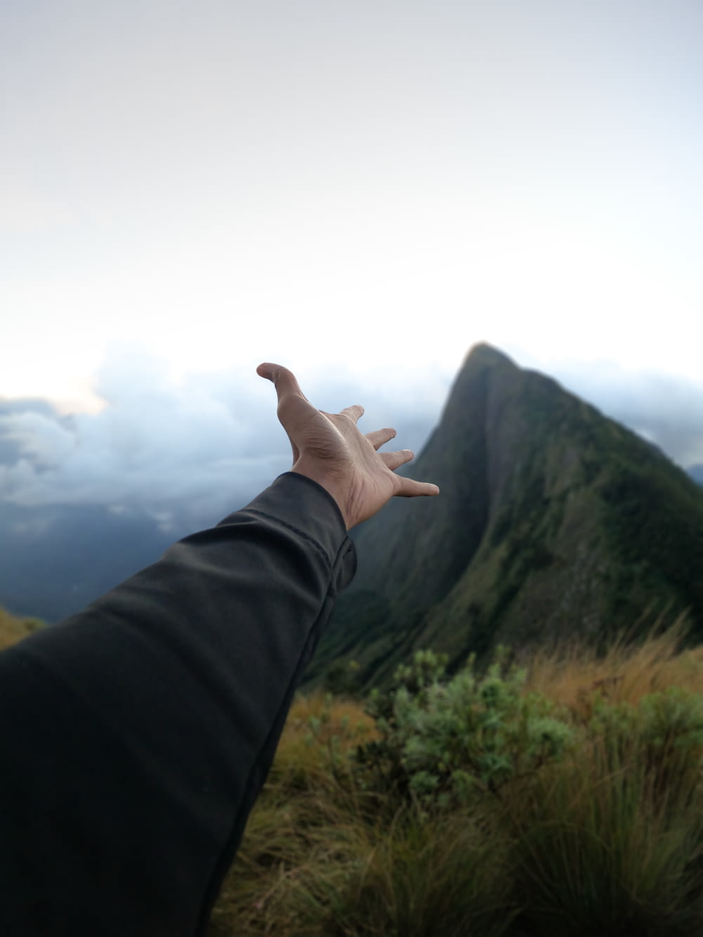 a hand reaching out towards a mountain range