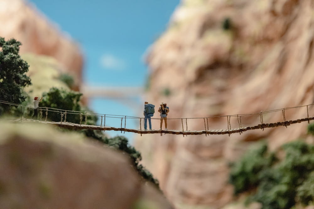 a couple of people walking across a wooden bridge