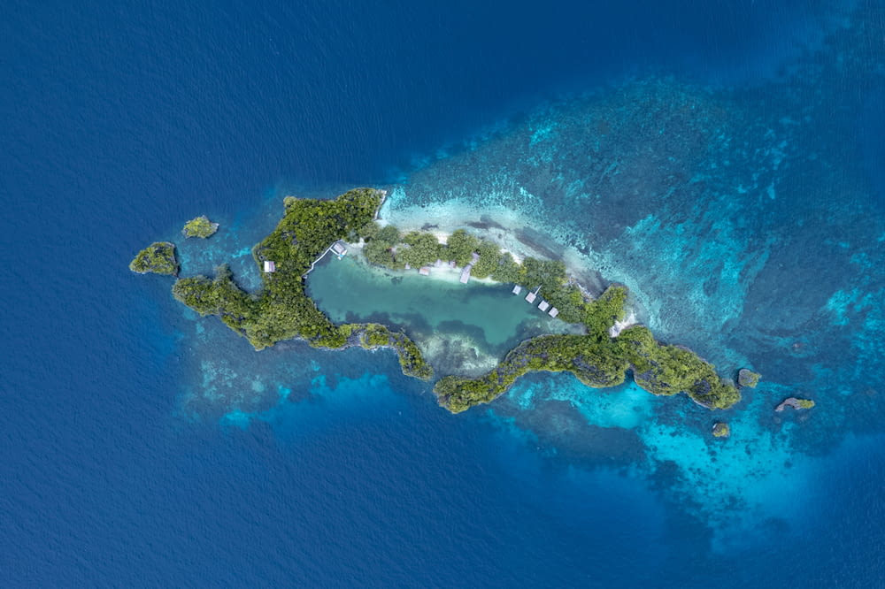 an aerial view of an island in the middle of the ocean