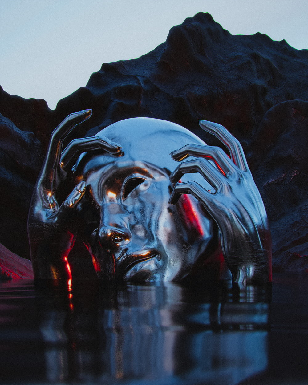 a lion with a red light on its head and a mountain in the background