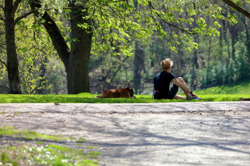 a man and a dog sitting on the grass