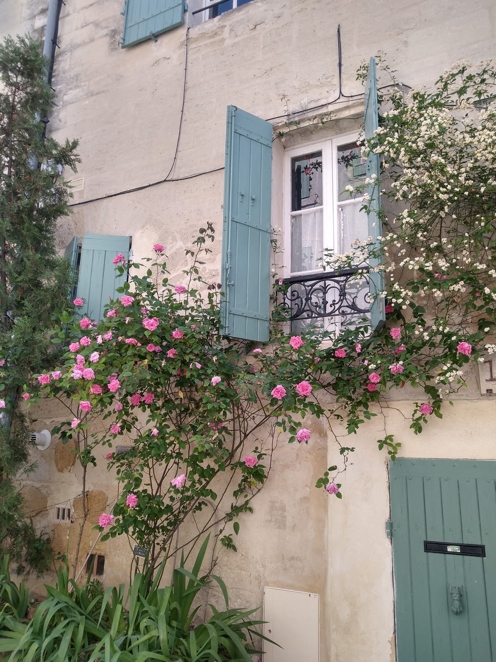 a house with green shutters and pink flowers on the windows