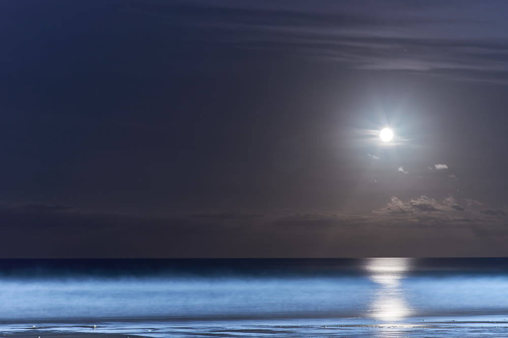 a body of water with the moon in the sky above it