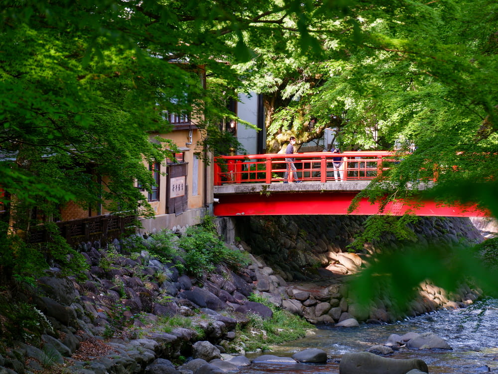 a red bridge over a river