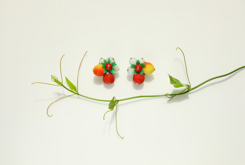 um par de brincos de frutas sentados em cima de uma haste verde