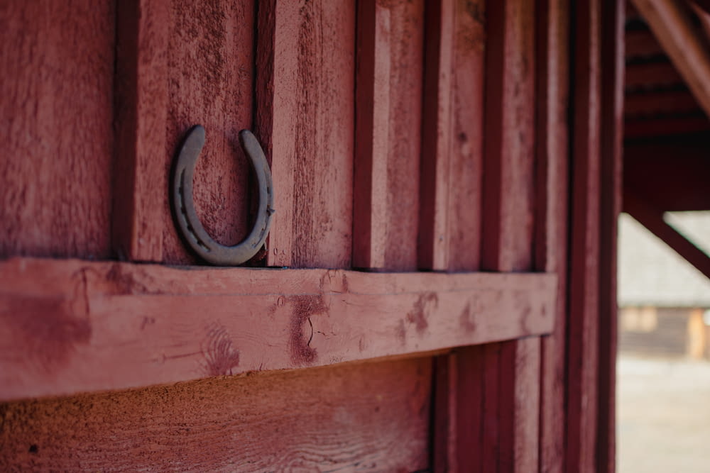 a close up of a wooden door with a metal ring on it