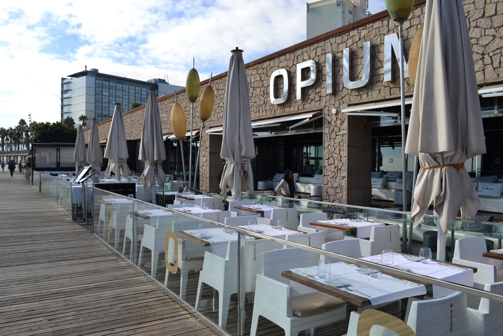 a row of tables with umbrellas outside of a restaurant