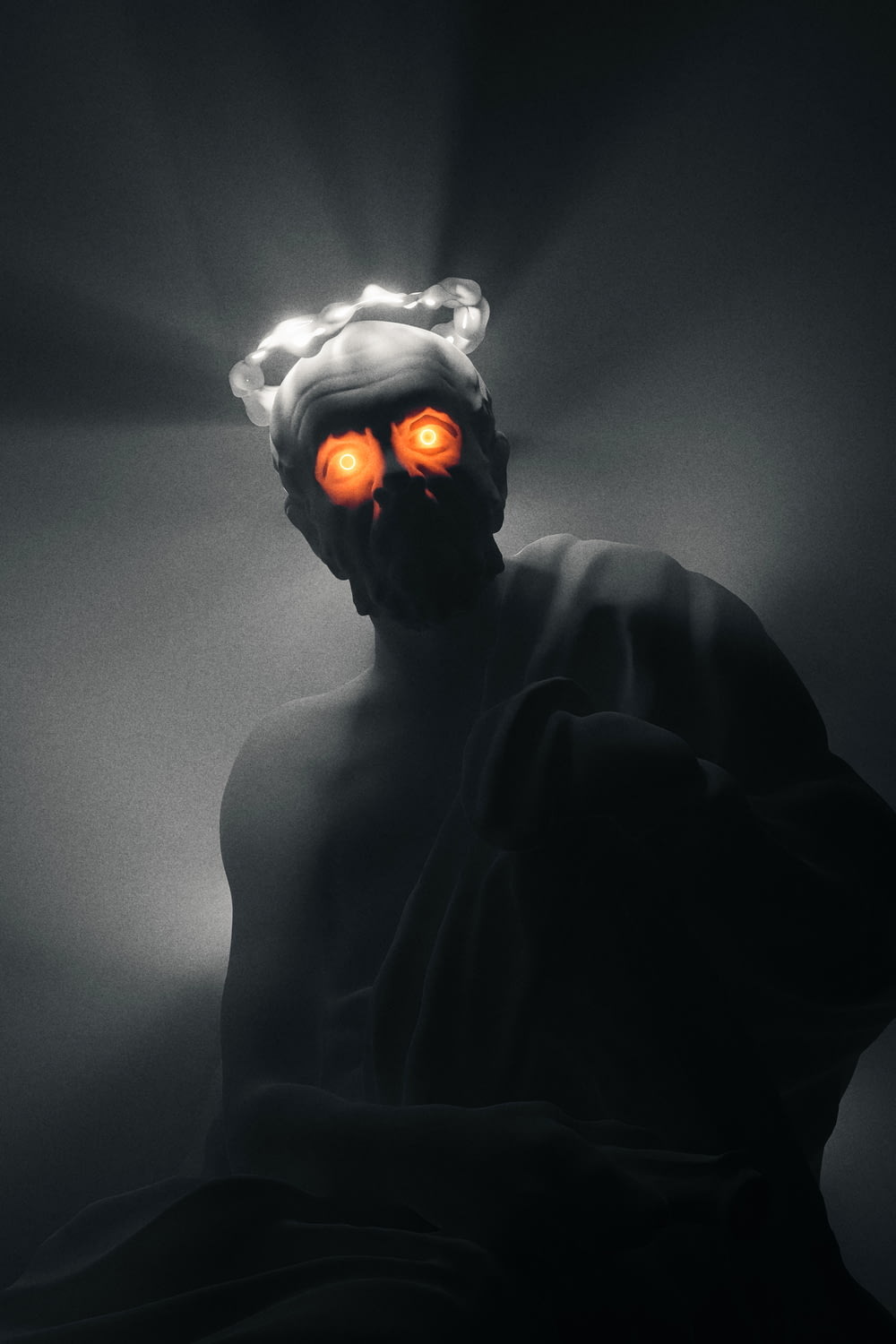 a man with glowing orange eyes in a dark room
