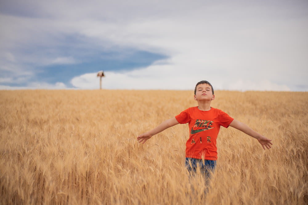 a young boy standing in a field of wheat