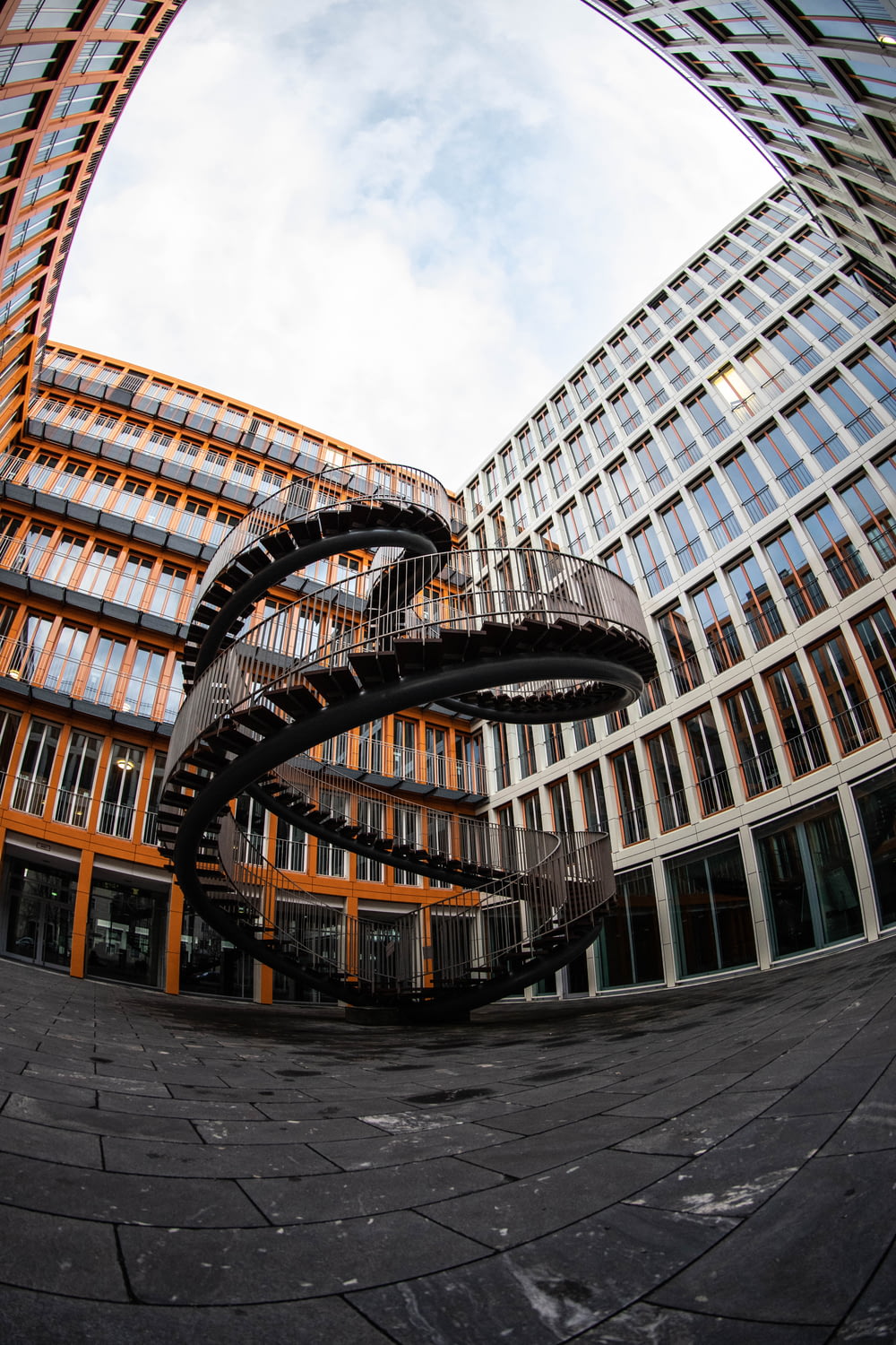 a large building with a spiral staircase