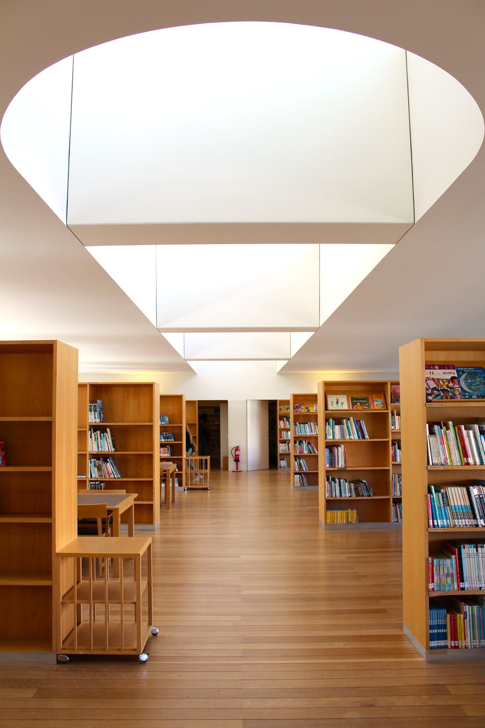 a library with bookshelves