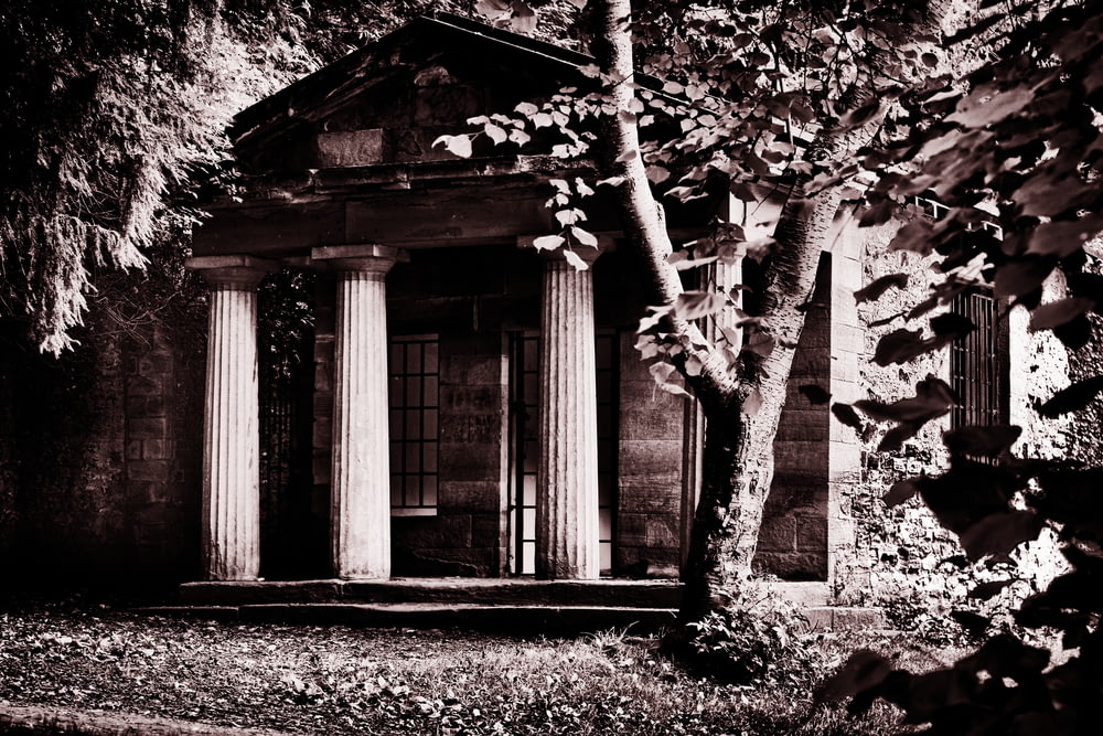 a house with pillars and trees