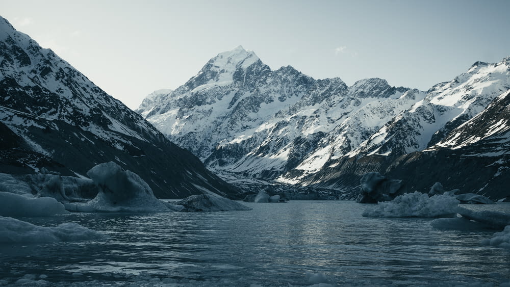 a body of water with ice and snow covered mountains in the background