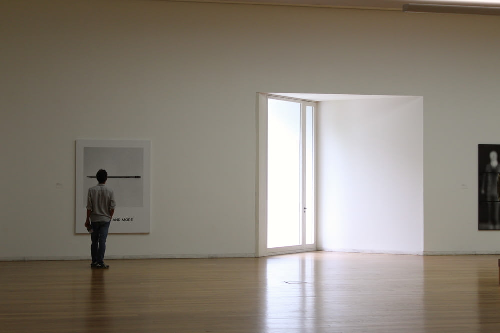 a person looking at a painting on the wall