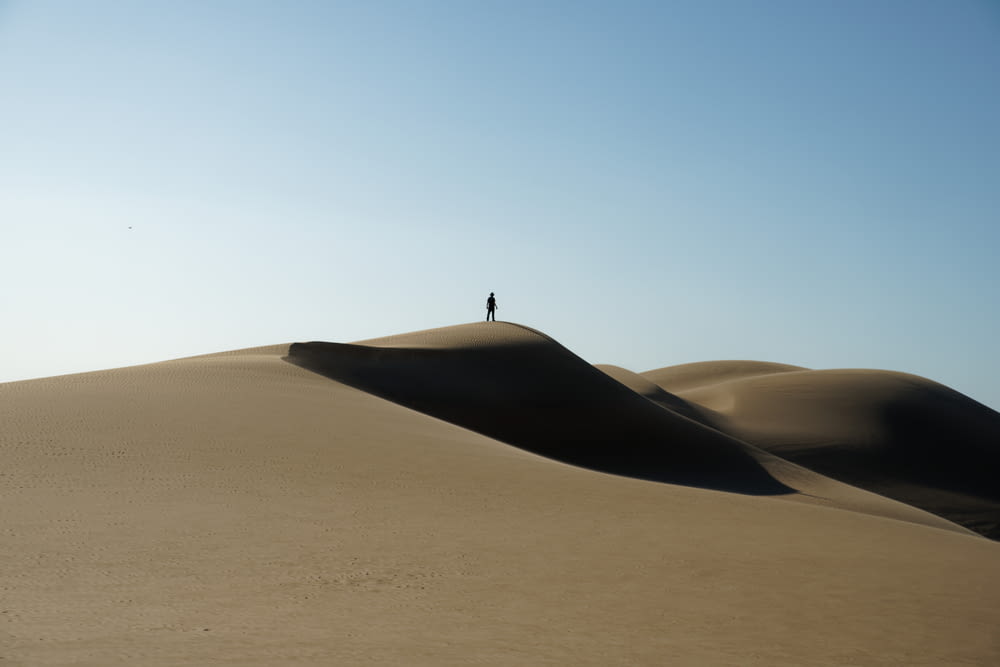 a person standing on a large sand dune