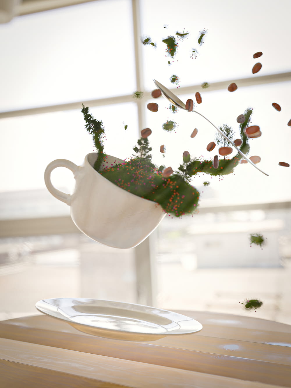 eine weiße Teetasse mit einer Pflanze darin